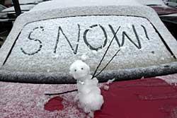 Across the Sacramento Valley, Monday's surprise snowfall brought expressions of glee, including this snowman's message on the UC Davis campus. (9k image)